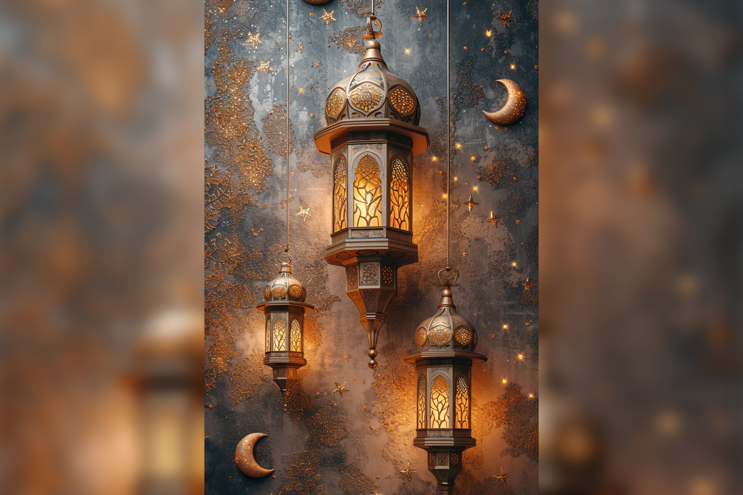 Ramadan Kareem greeting card poster design with lanterns & moon