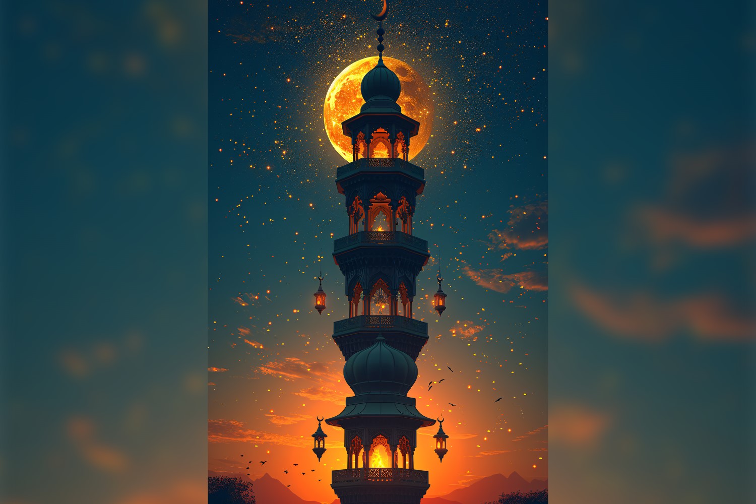 Ramadan Kareem greeting card poster design with mosque & moon