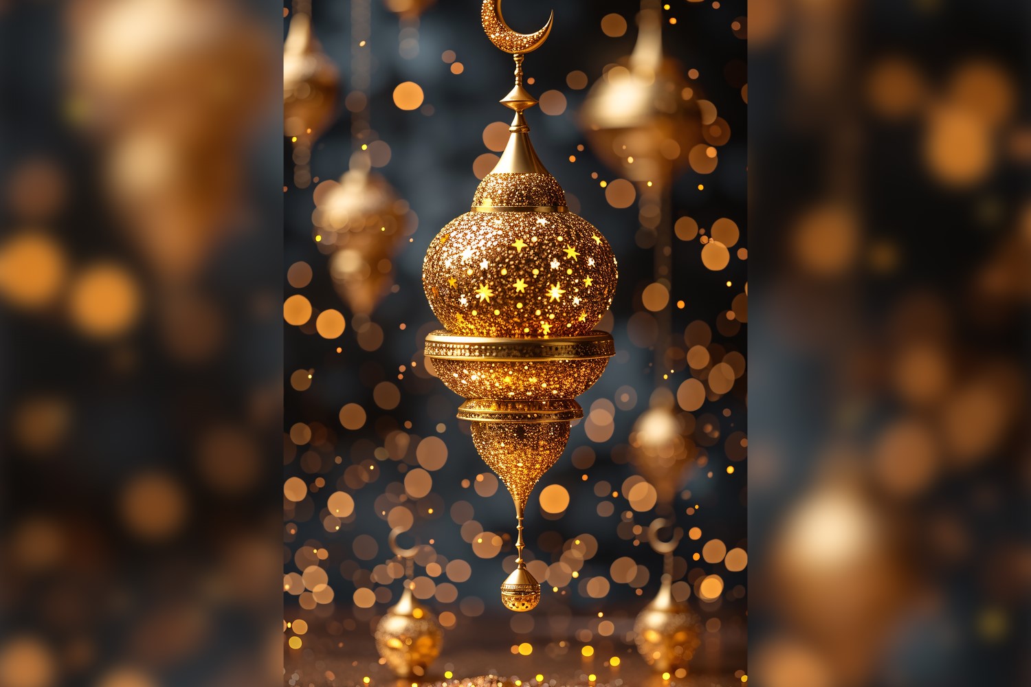 Ramadan Kareem greeting card poster design with lantern & bokeh 02