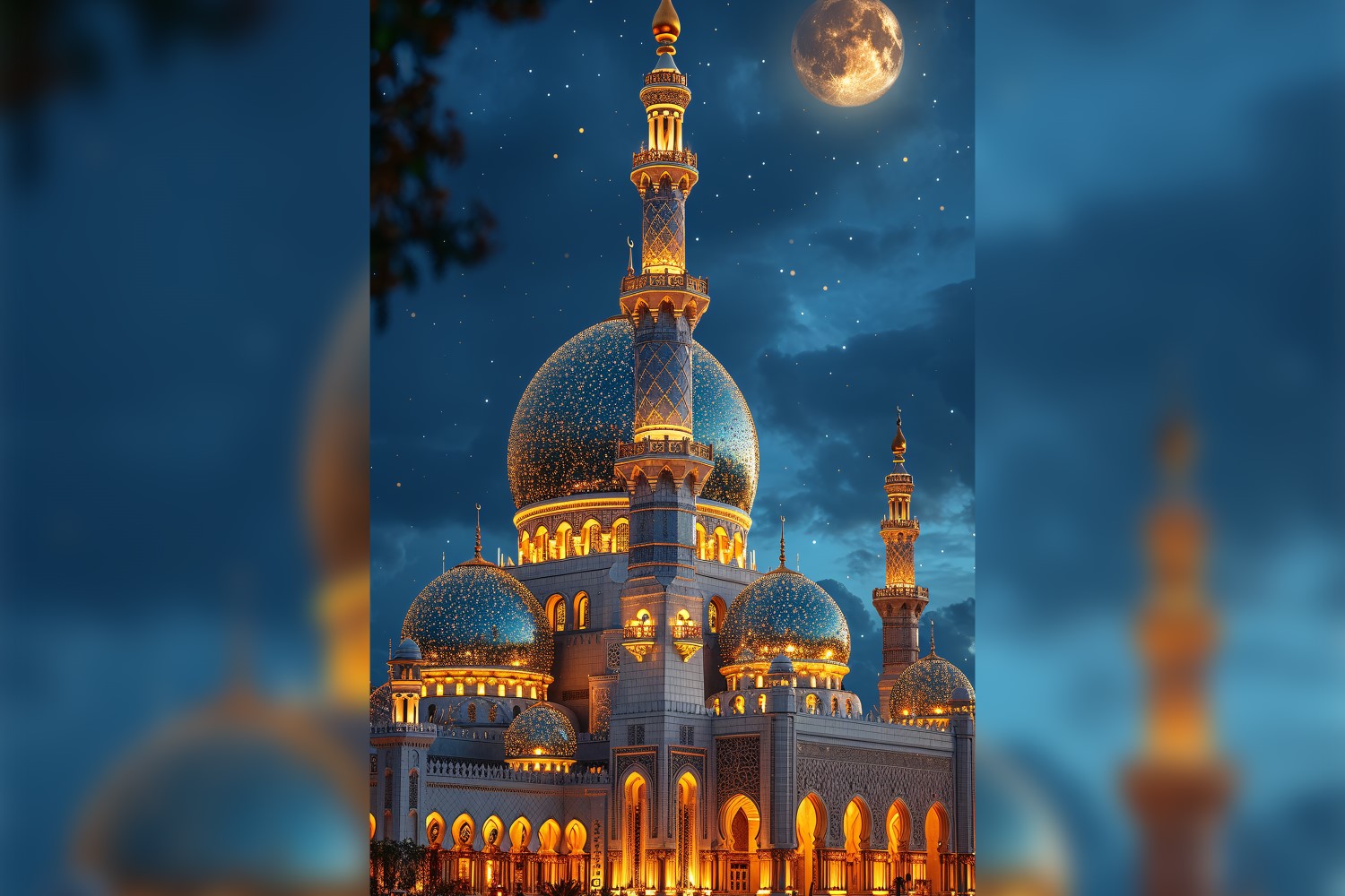Ramadan Kareem greeting card poster design with golden mosque minar