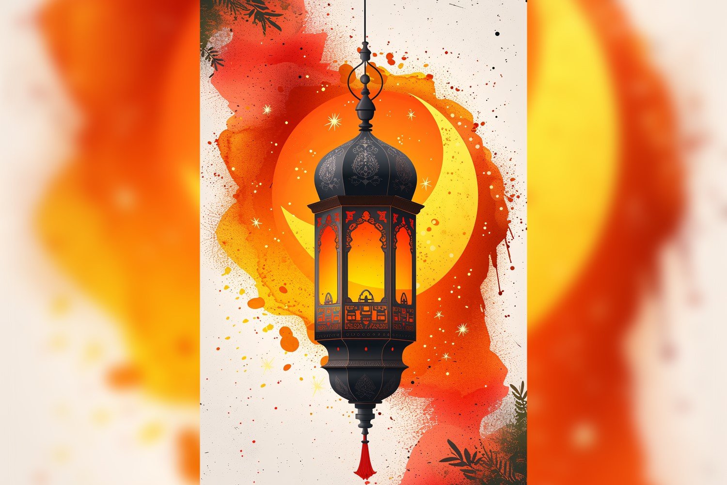 Ramadan Kareem greeting card poster design with moon & lantern.