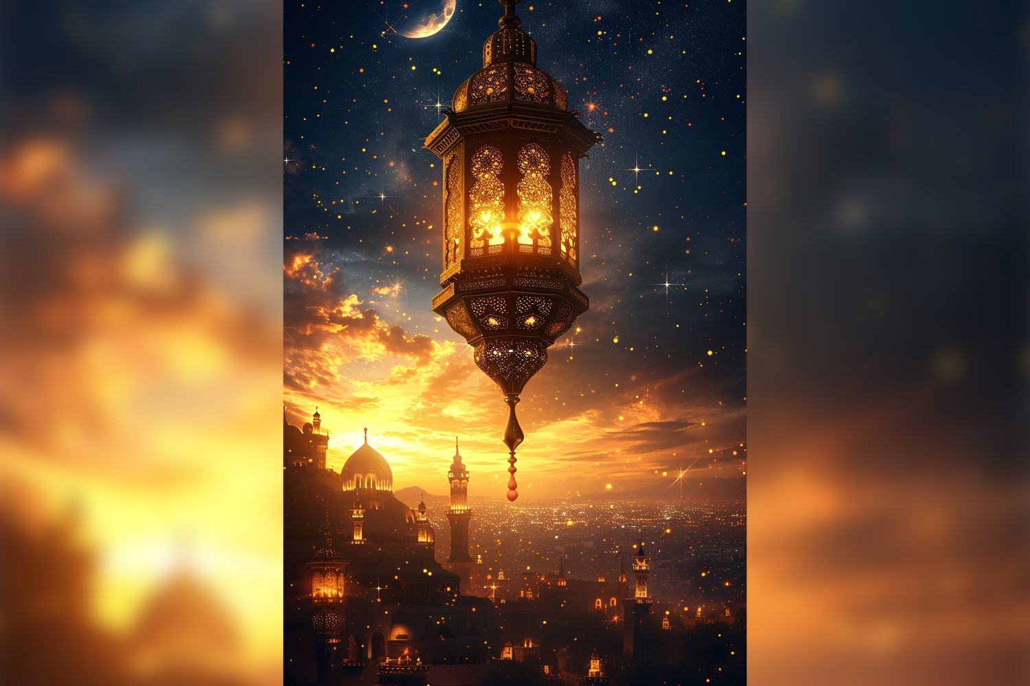 Ramadan Kareem greeting card poster design with lantern & star and mosque minar