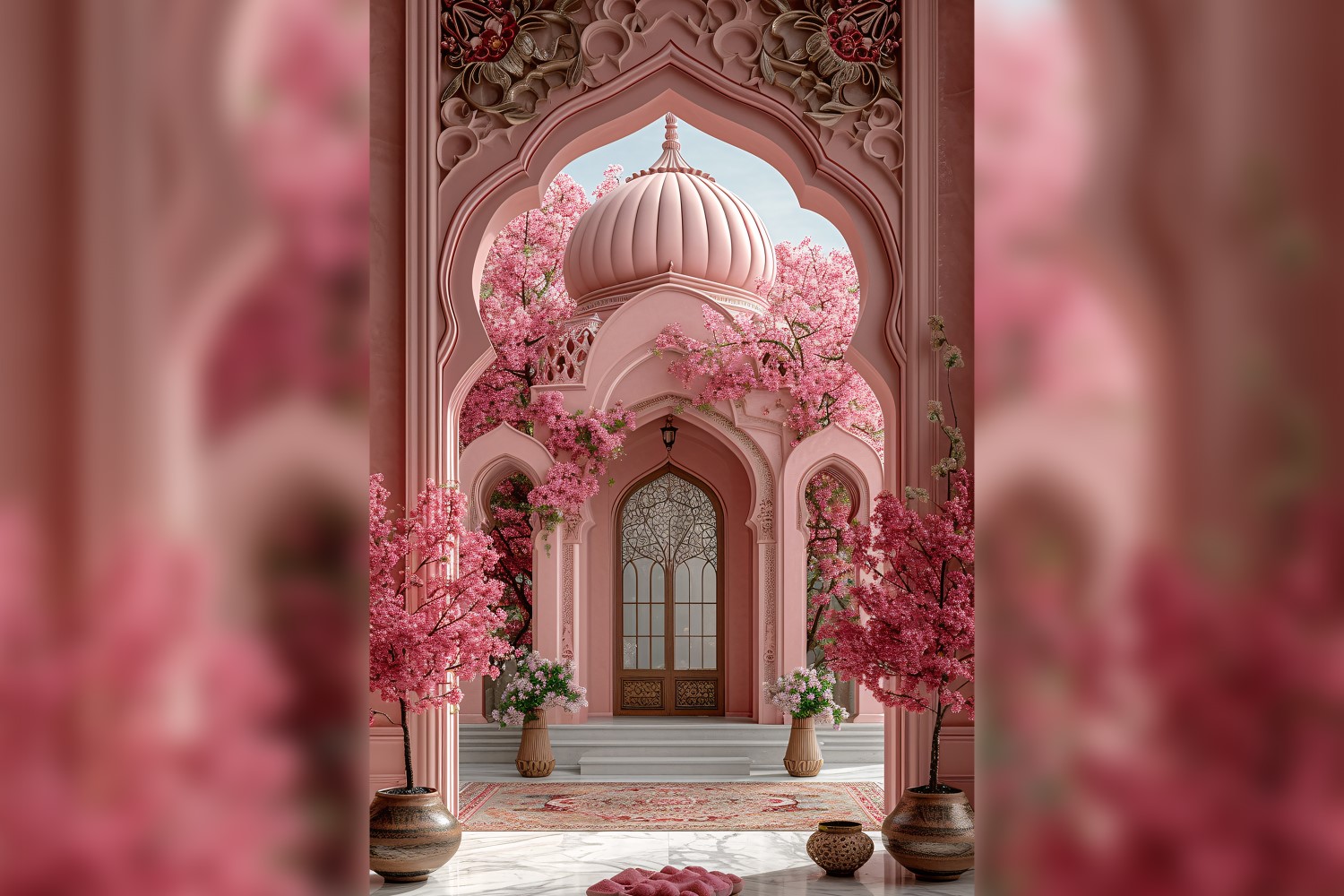 Ramadan Kareem greeting card poster design with flower & mosque minar