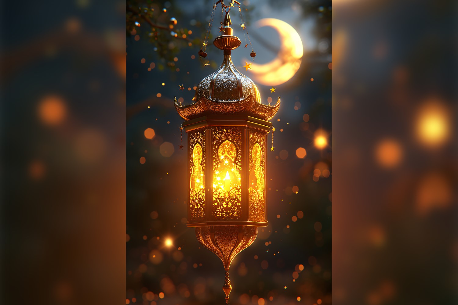 Ramadan Kareem greeting card poster design with lantern & bokeh with moon