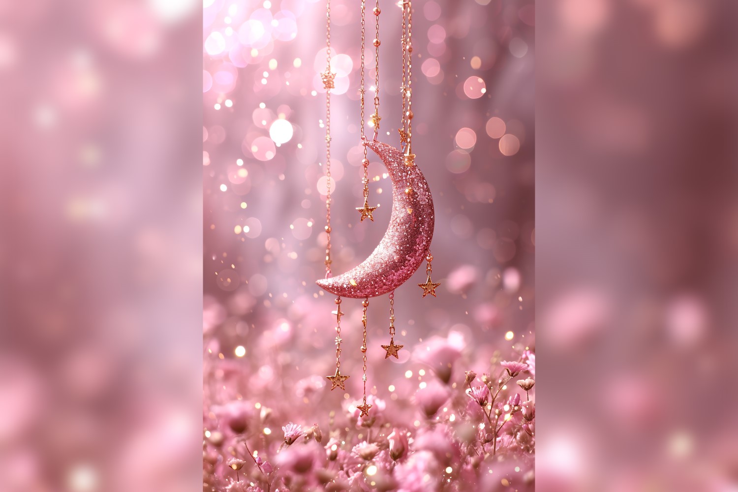 Ramadan Kareem greeting card poster design with pink moon & bokeh
