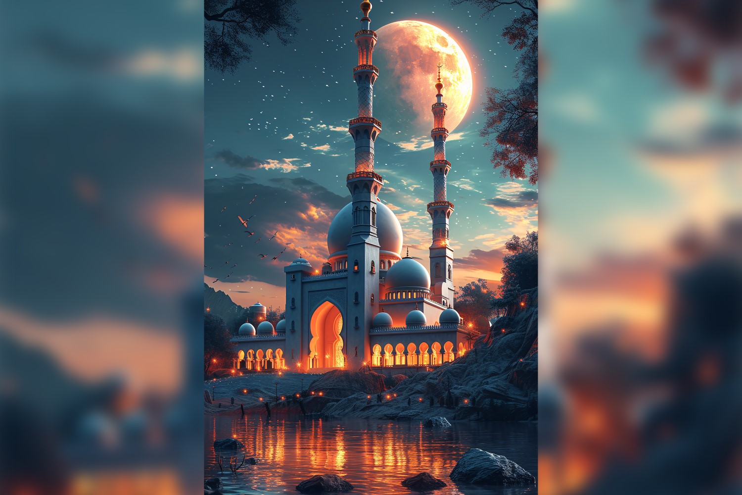 Ramadan Kareem greeting card poster design with mosque & moon 01
