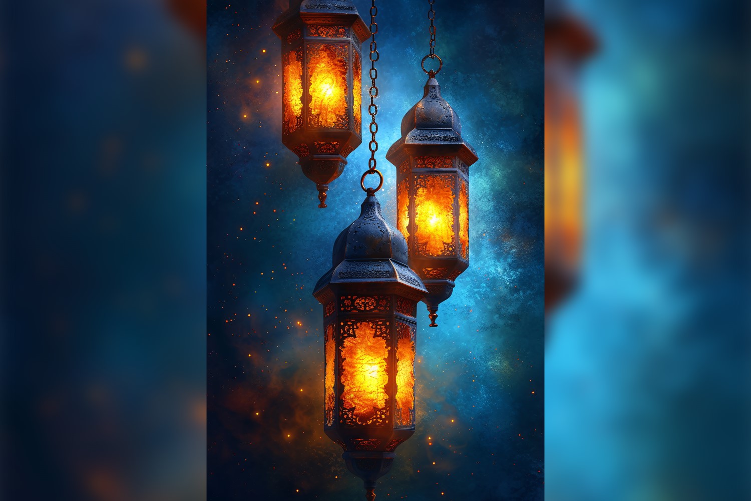 Ramadan Kareem greeting poster design with lantern & glitter