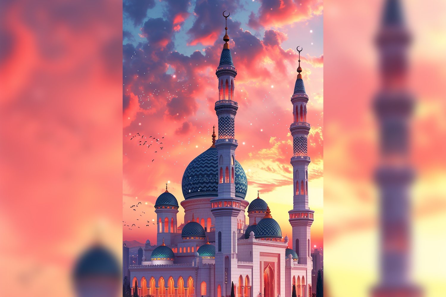 Ramadan Kareem greeting poster design with mosque & cloud background