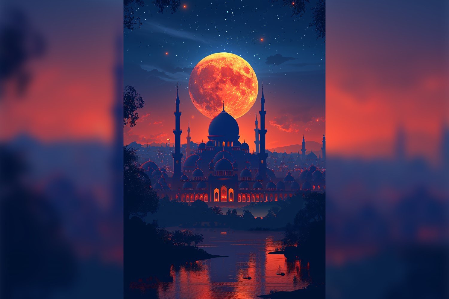 Ramadan Kareem greeting poster design with moon & mosque