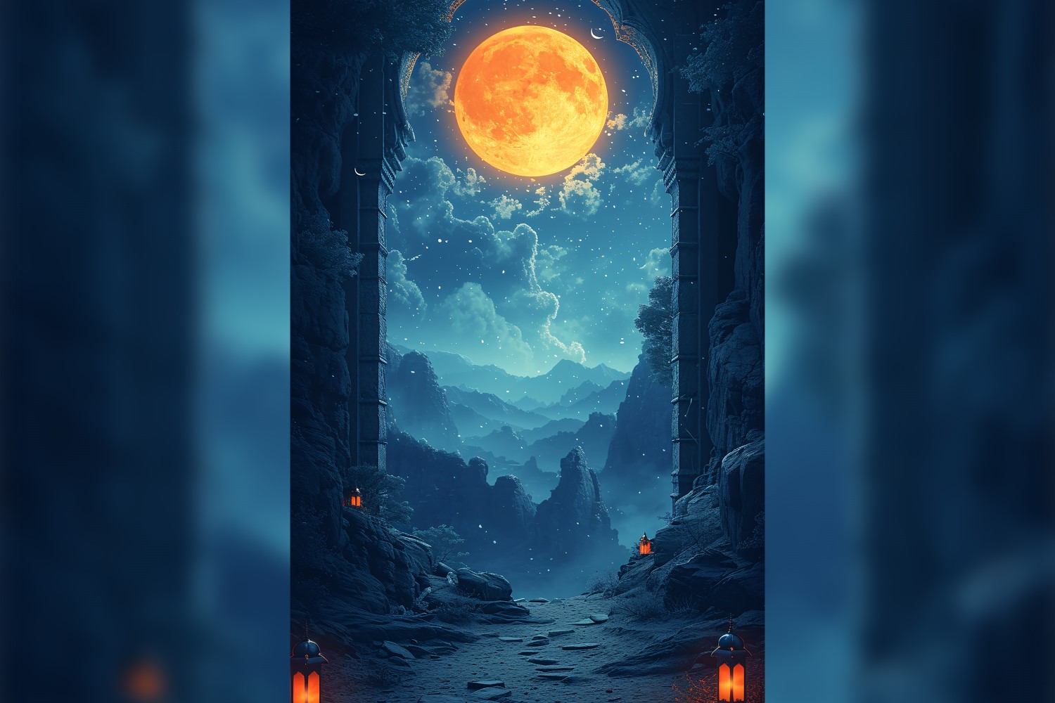 Ramadan Kareem greeting poster design with moon & lantern