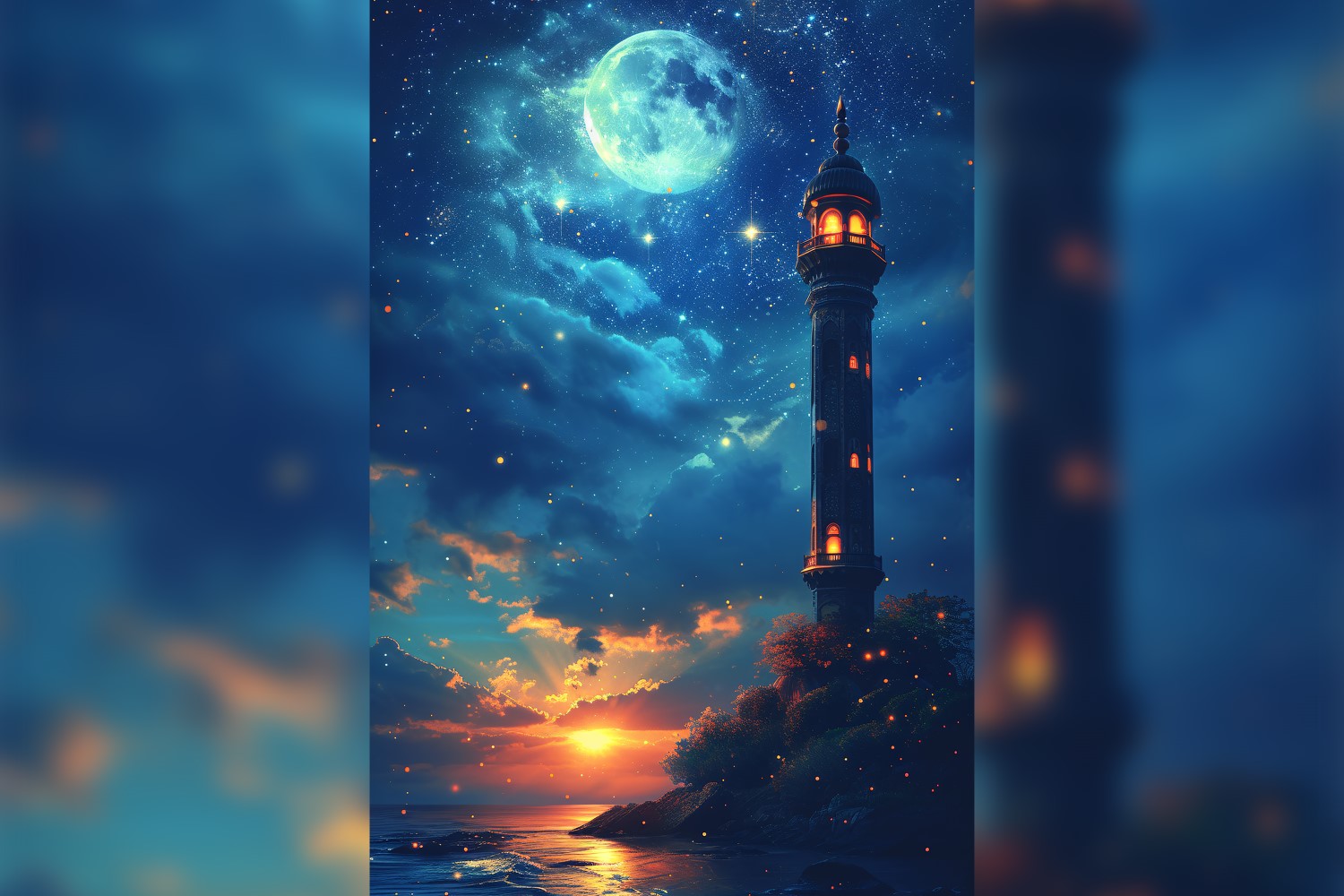 Ramadan Kareem greeting poster design with moon & mosque with sea view