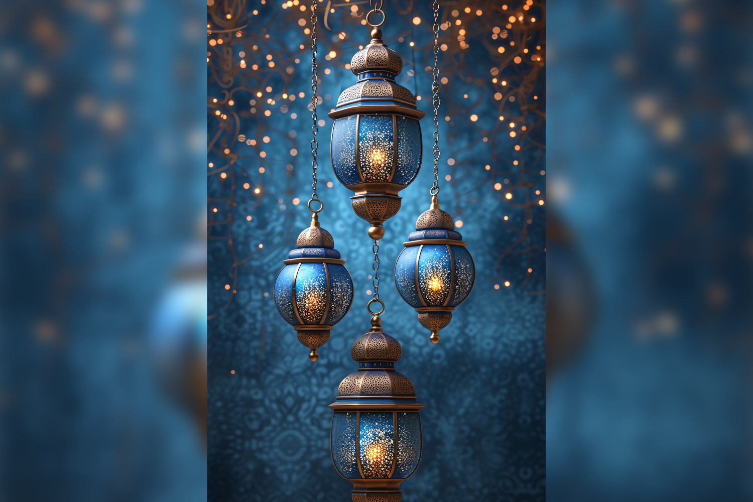 Ramadan Kareem greeting poster design with lantern & bokeh
