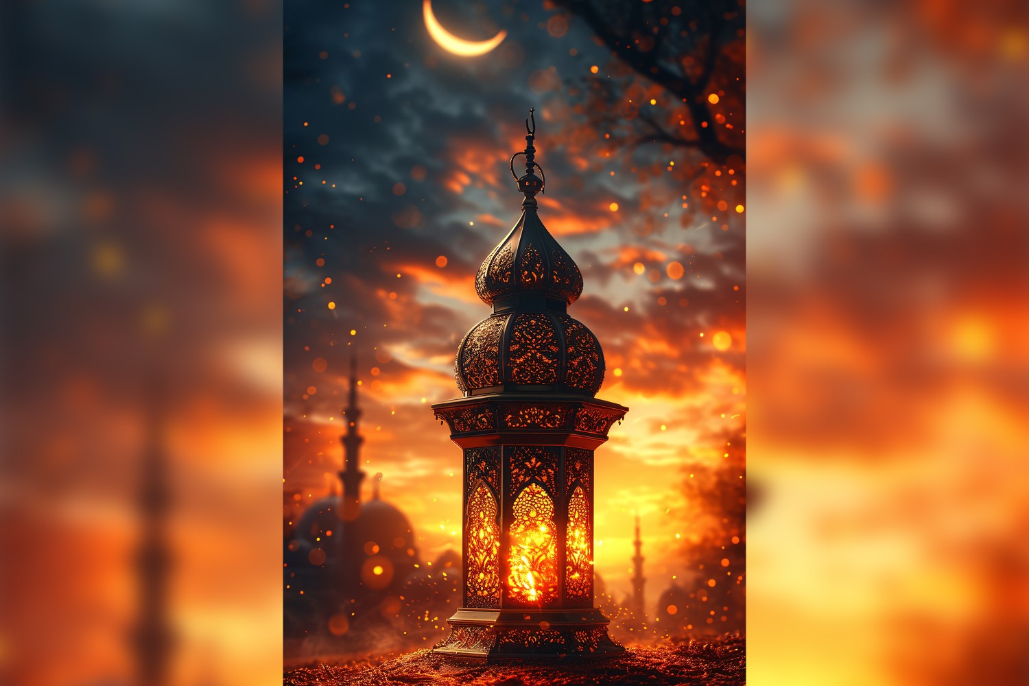Ramadan Kareem greeting poster design with golden lantern