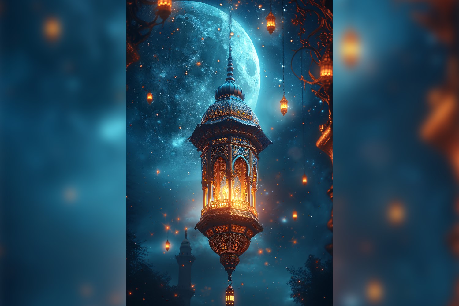 Ramadan Kareem greeting poster design with lanterns & moon