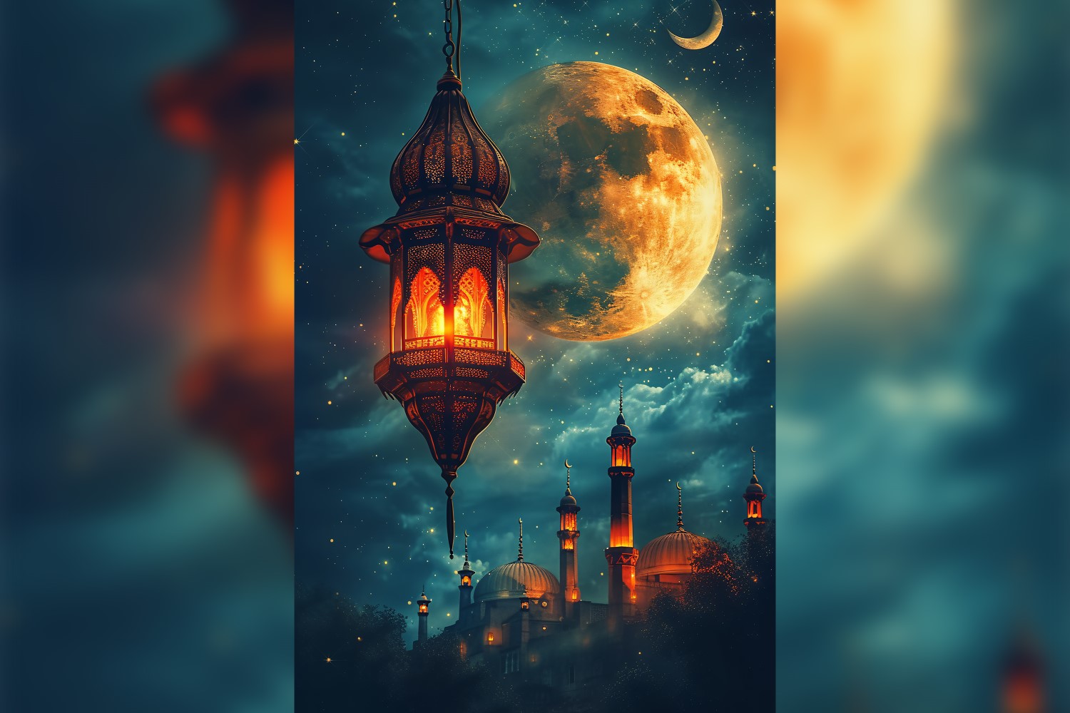 Ramadan Kareem greeting poster design with lantern & moon with mosque minar