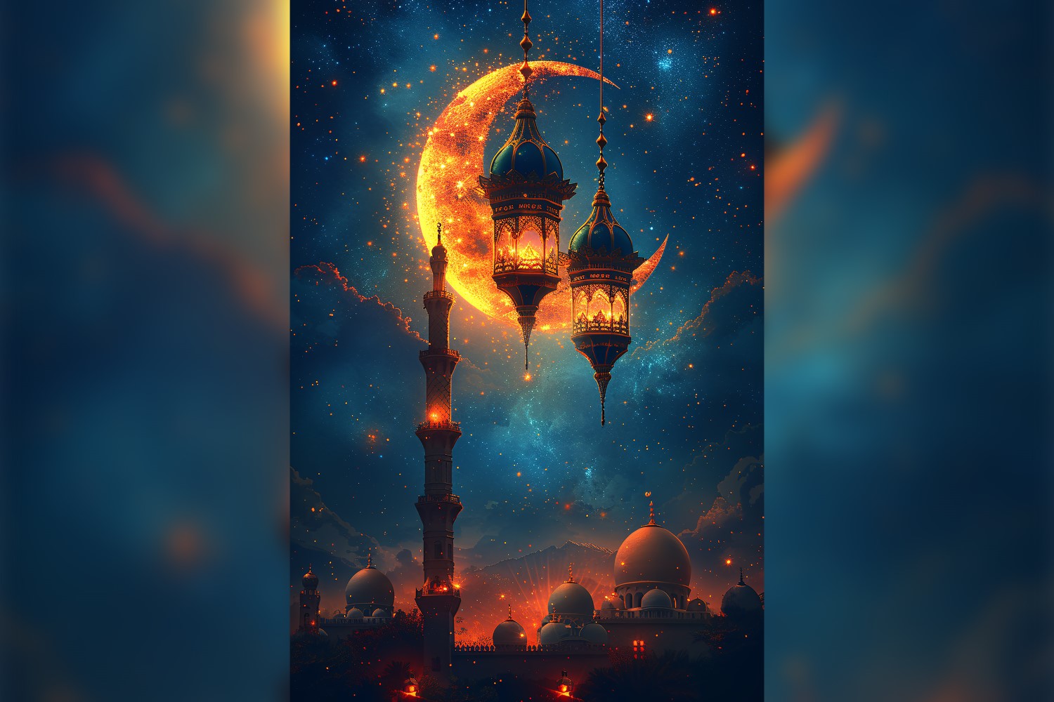 Ramadan Kareem greeting poster design with moon & lantern with mosque minar