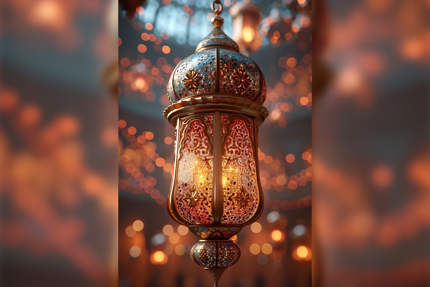 Ramadan Kareem greeting poster design with lantern & bokeh 04