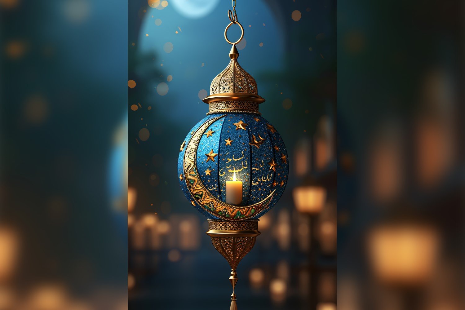 Ramadan Kareem greeting poster design with lantern and lamp background