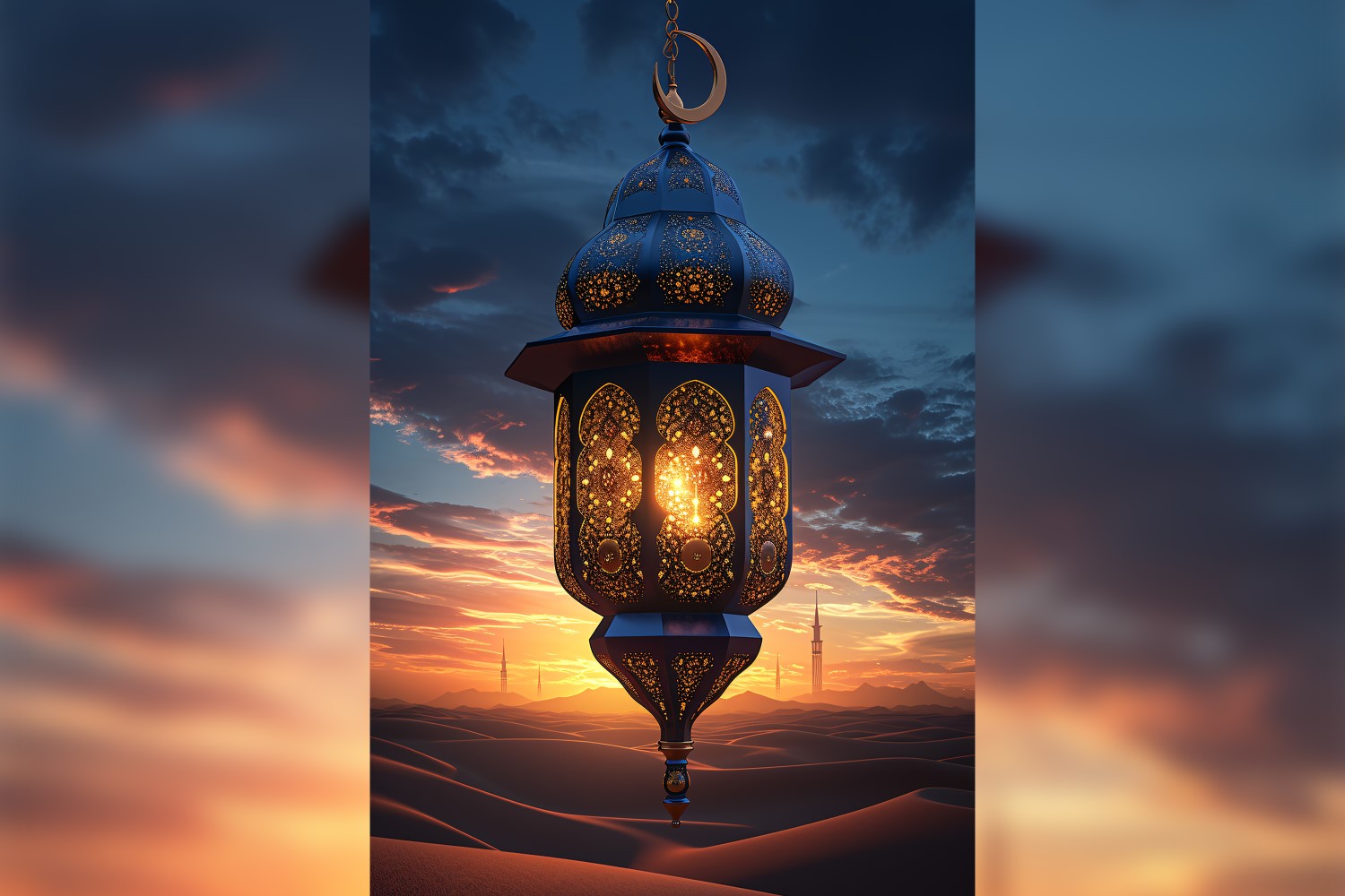 Ramadan Kareem greeting poster design with lantern & desert