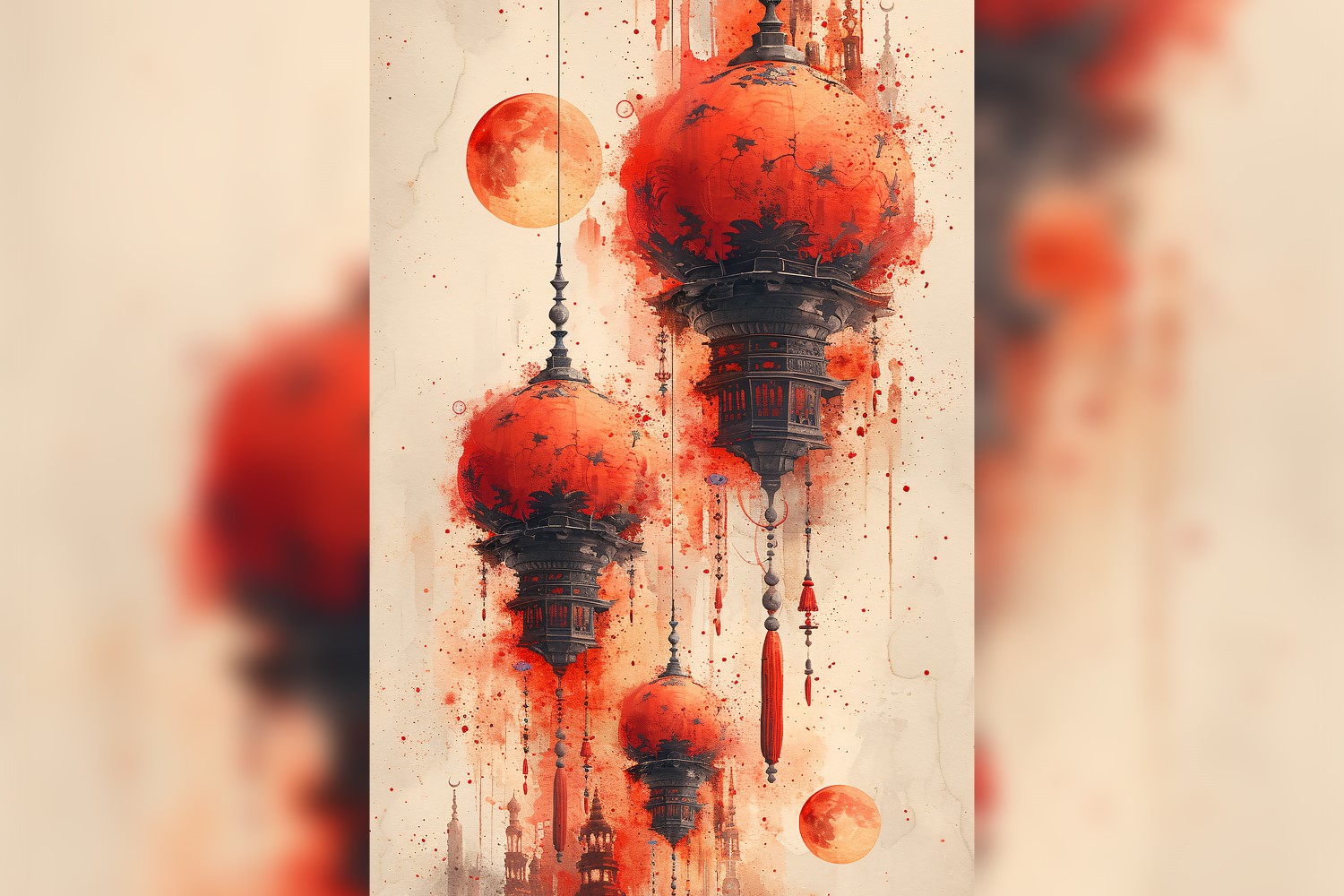 Ramadan Kareem greeting poster design with watercolor moon and lantern background
