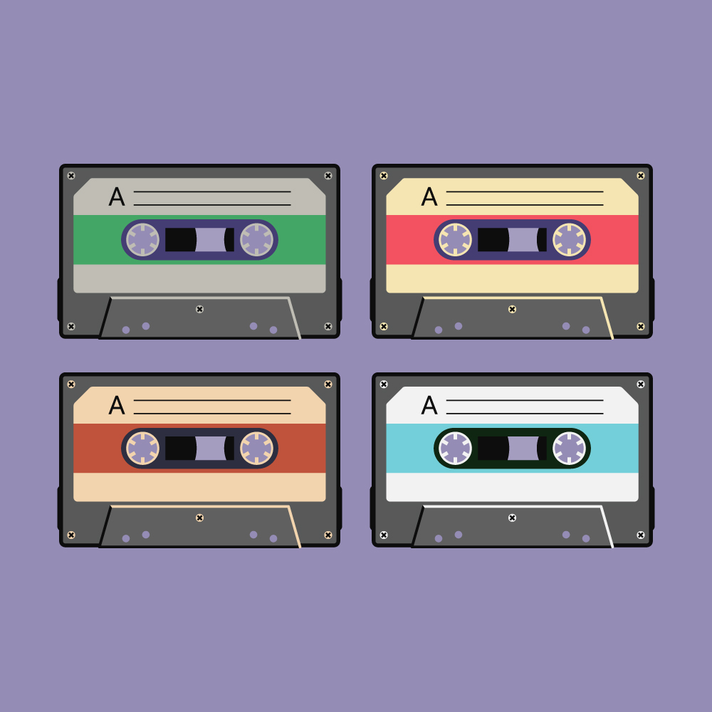 Colorful retro audio cassette tape, a vintage set