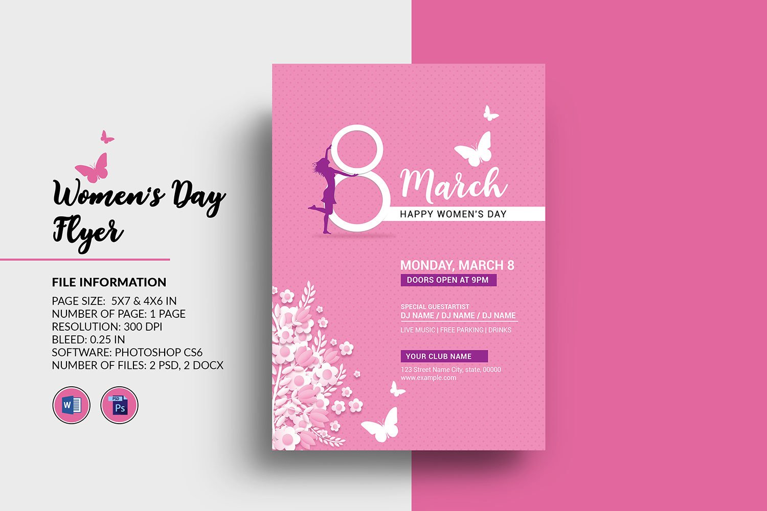 Women's Day Party Invitation Flyer Template. Word and Psd