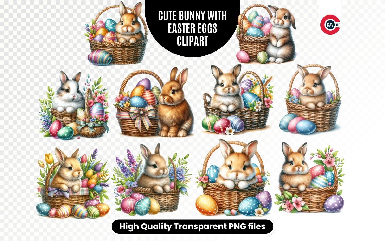 Adorable Bunny & Egg Basket Clipart Bundle