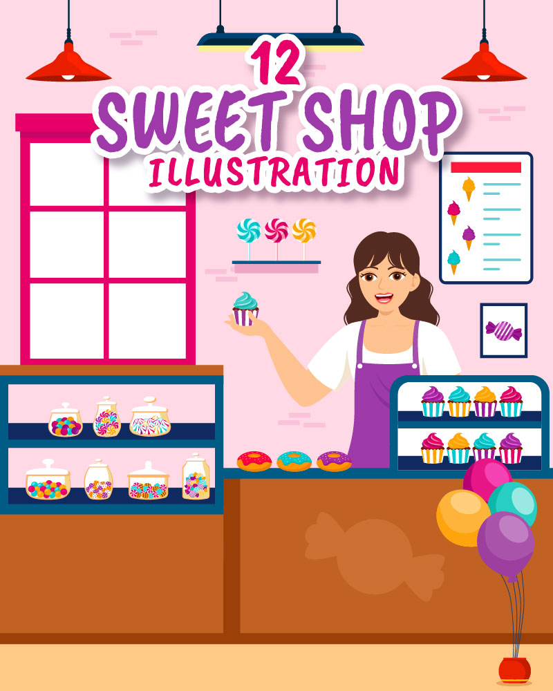 12 Sweet Shop Vector Illustration
