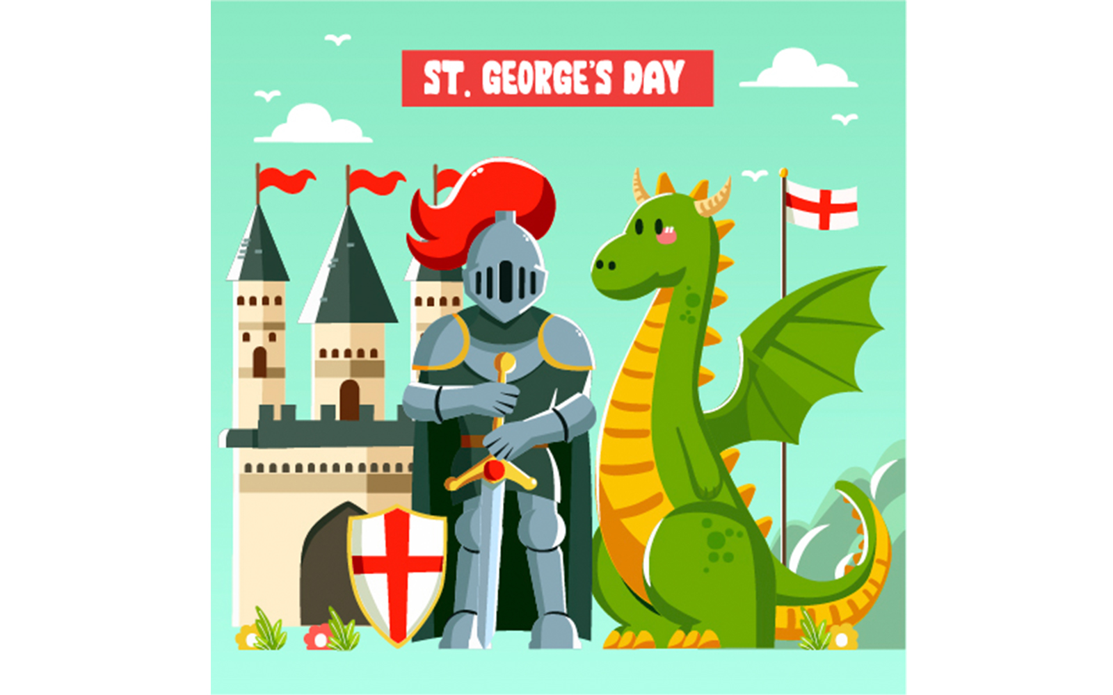 Flat St. George's Day with Knight and Dragon Illustration