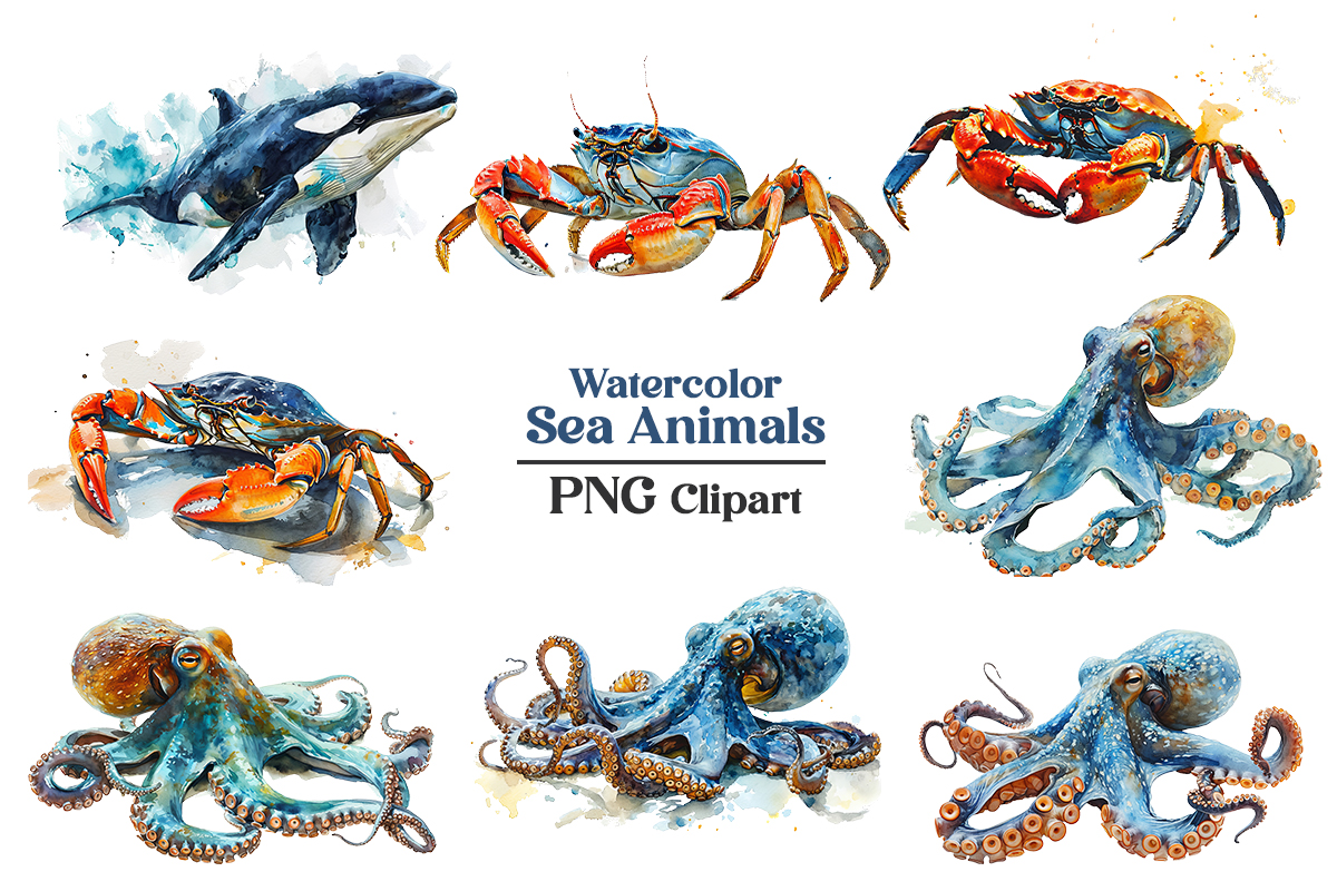 Hand drawn watercolor sea animals clipart illustration