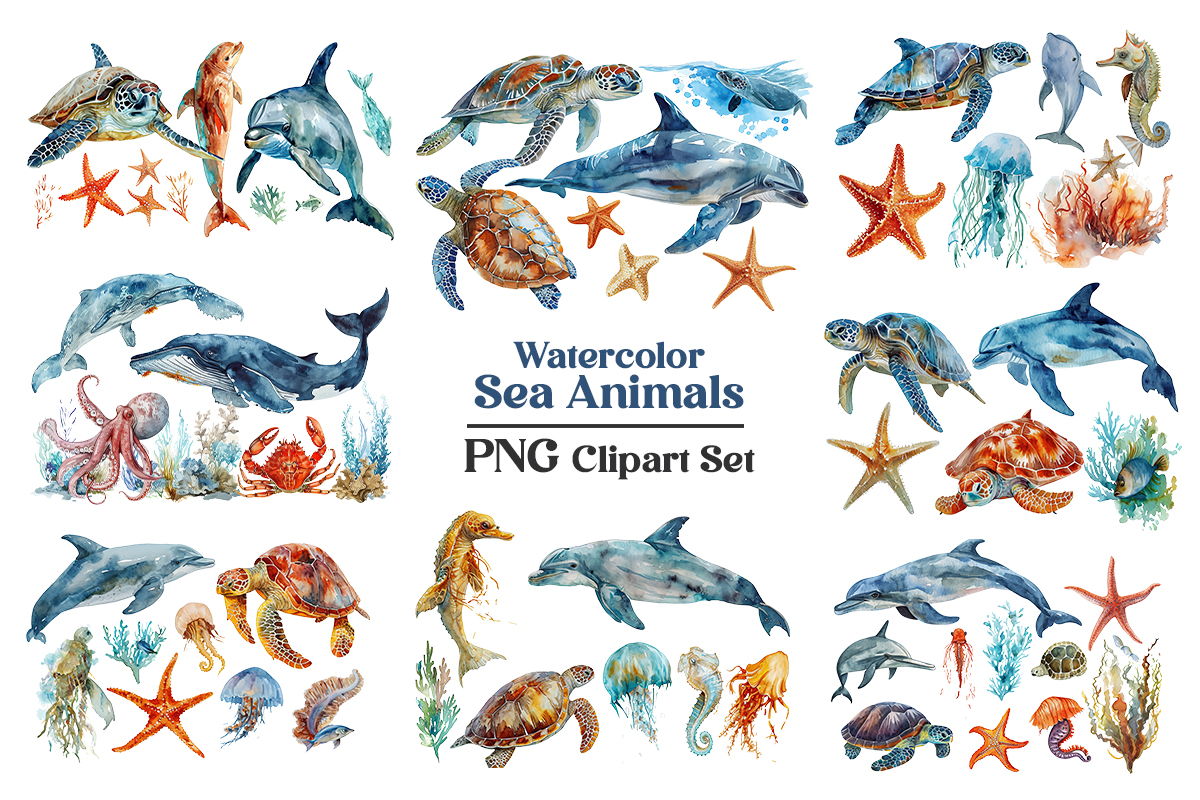 Hand drawn watercolor sea animals clipart illustration on transparent background