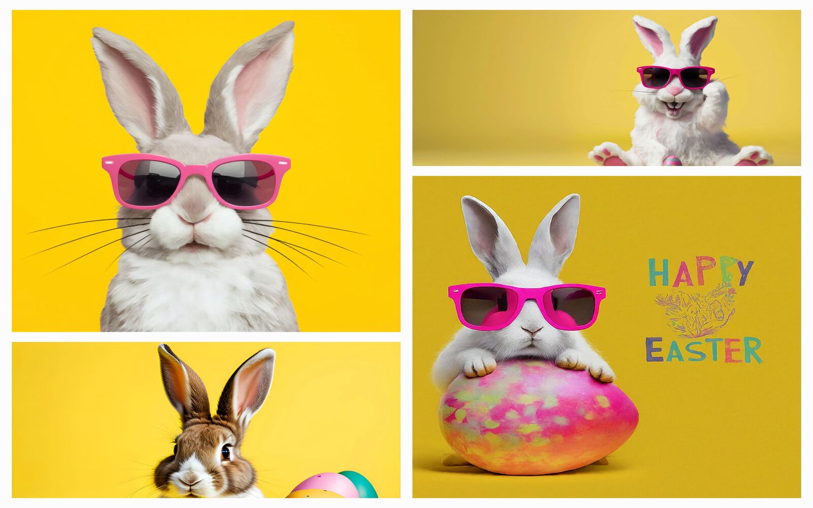 Collection Of 4 Funny Easter Bunny Isolated On Yellow Background