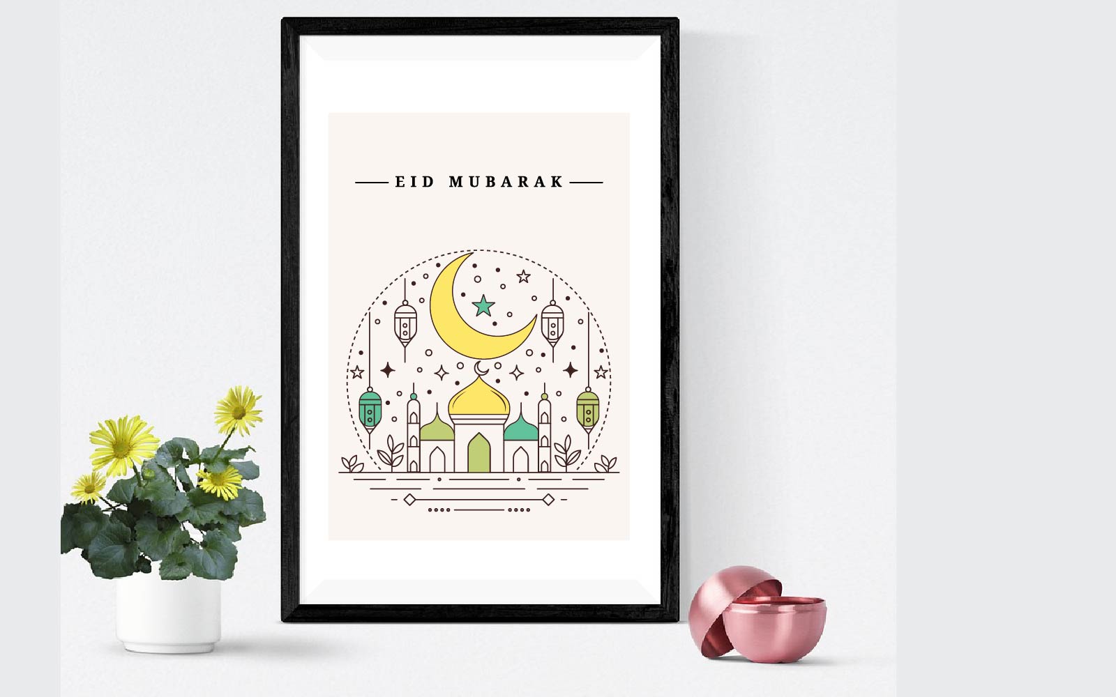 Modern Eid mubarak line art template vector illustration