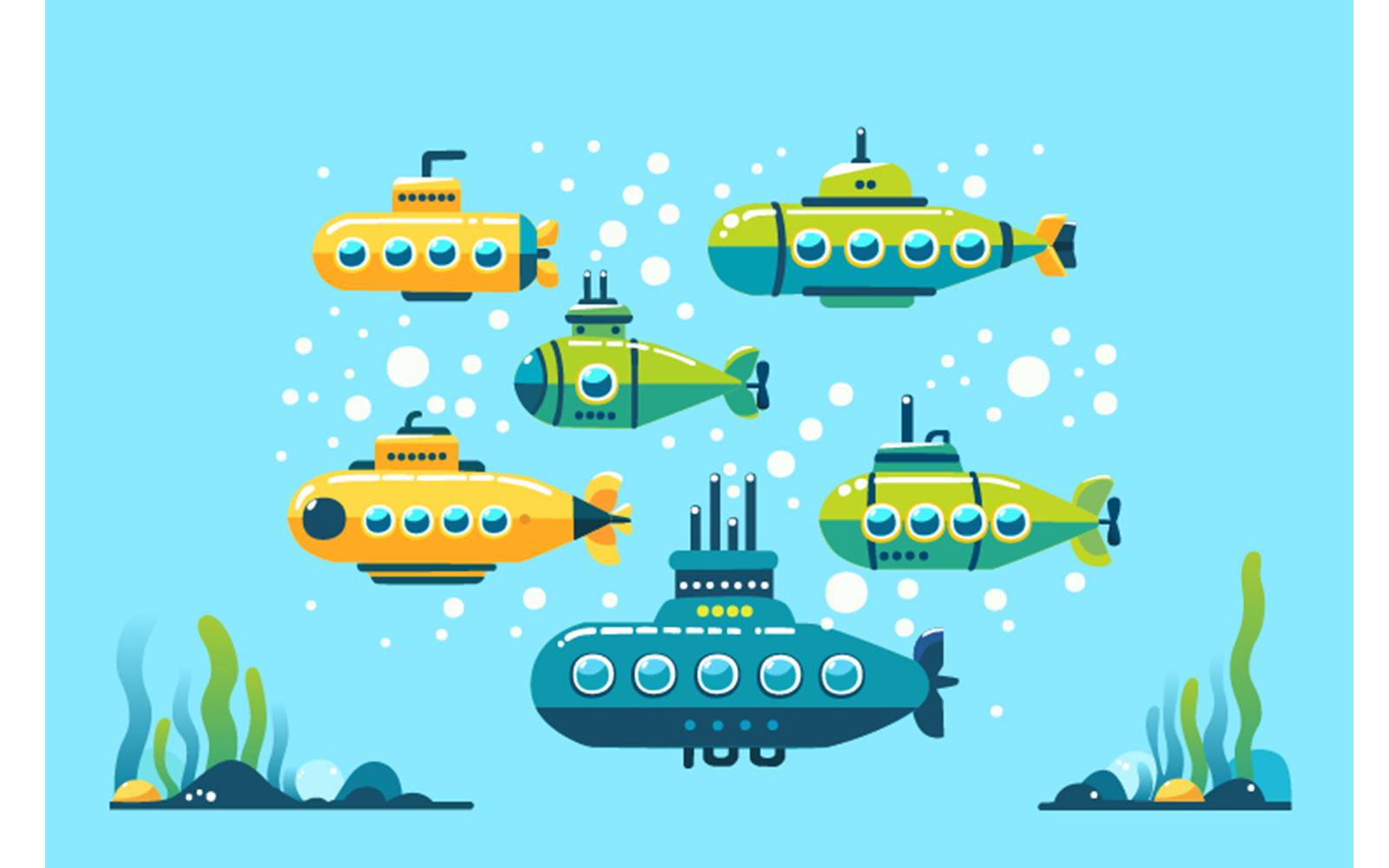 Set Cartoon Submarines Underwater Seascape Background Illustration