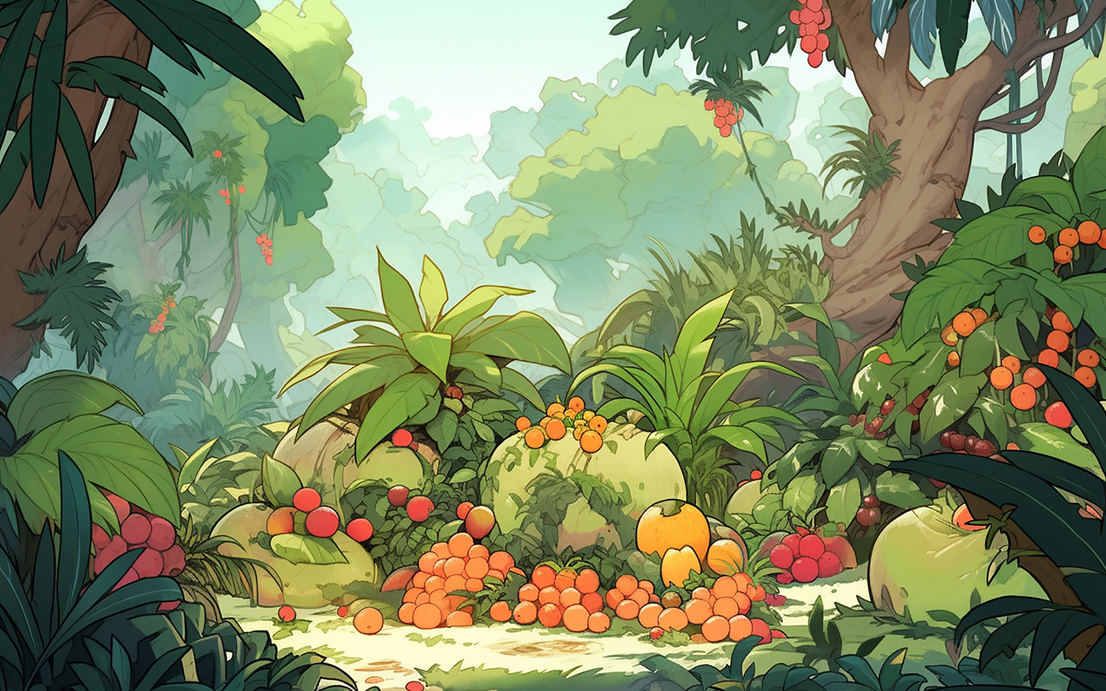 Tropical jungle with fruits_tropical rainforest background with fruits_green rainforest Jungle