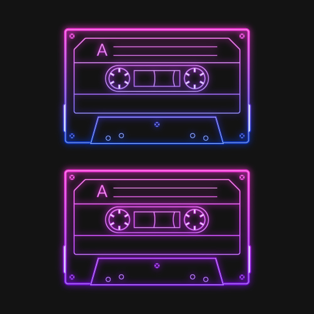 Neon retro audio pink cassette tape, a vector illustration set