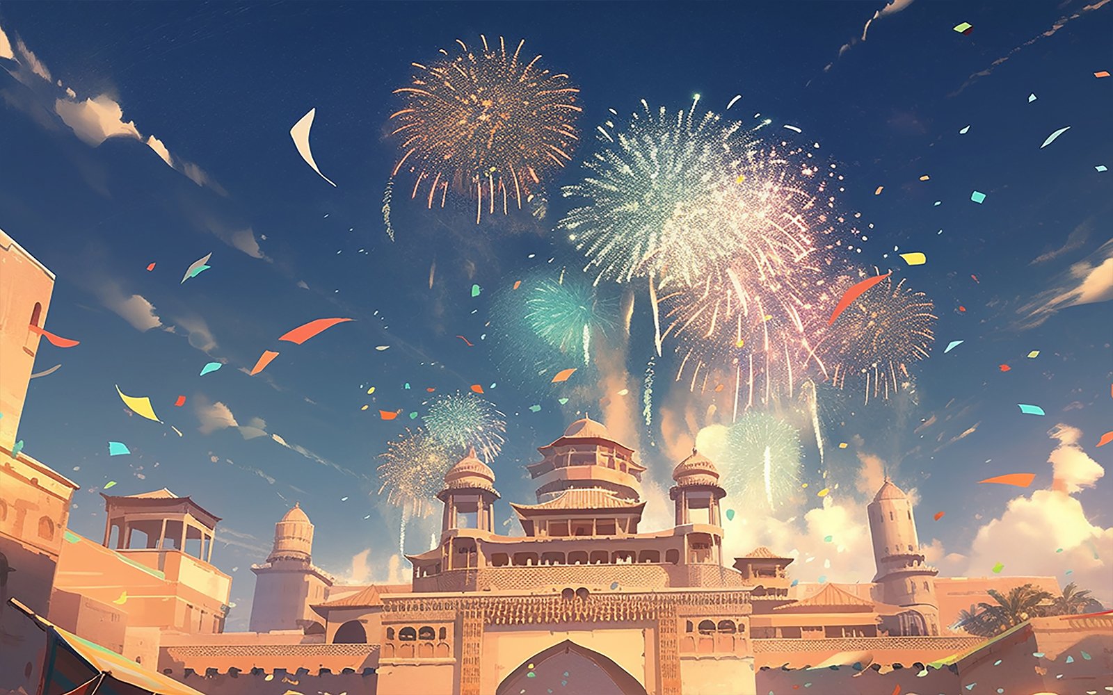 Mosque with fireworks_fireworks celebration