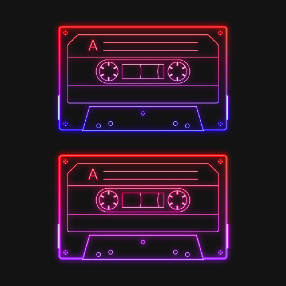 Neon retro audio red cassette tape, a vector illustration set