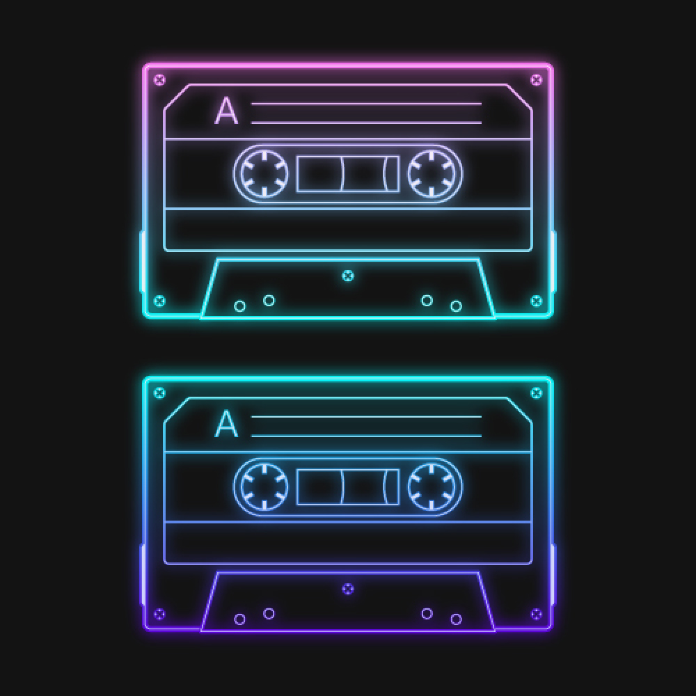 Neon retro audio blue cassette tape, a vector illustration set