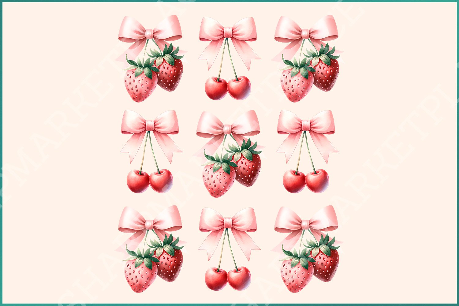 Cherry Bow PNG, Strawberry Design, Pink Bow Coquette Aesthetic, Sublimation PNG for Soft Girl