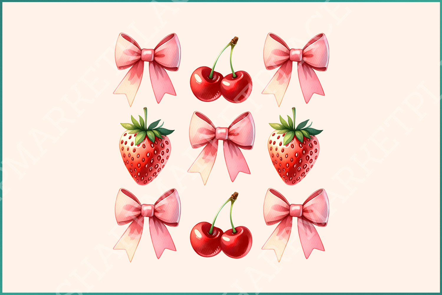 Coquette Cherry Bow PNG, Strawberry PNG Bundle - Coquette Pink Bows & Fruits Design, Soft Girl