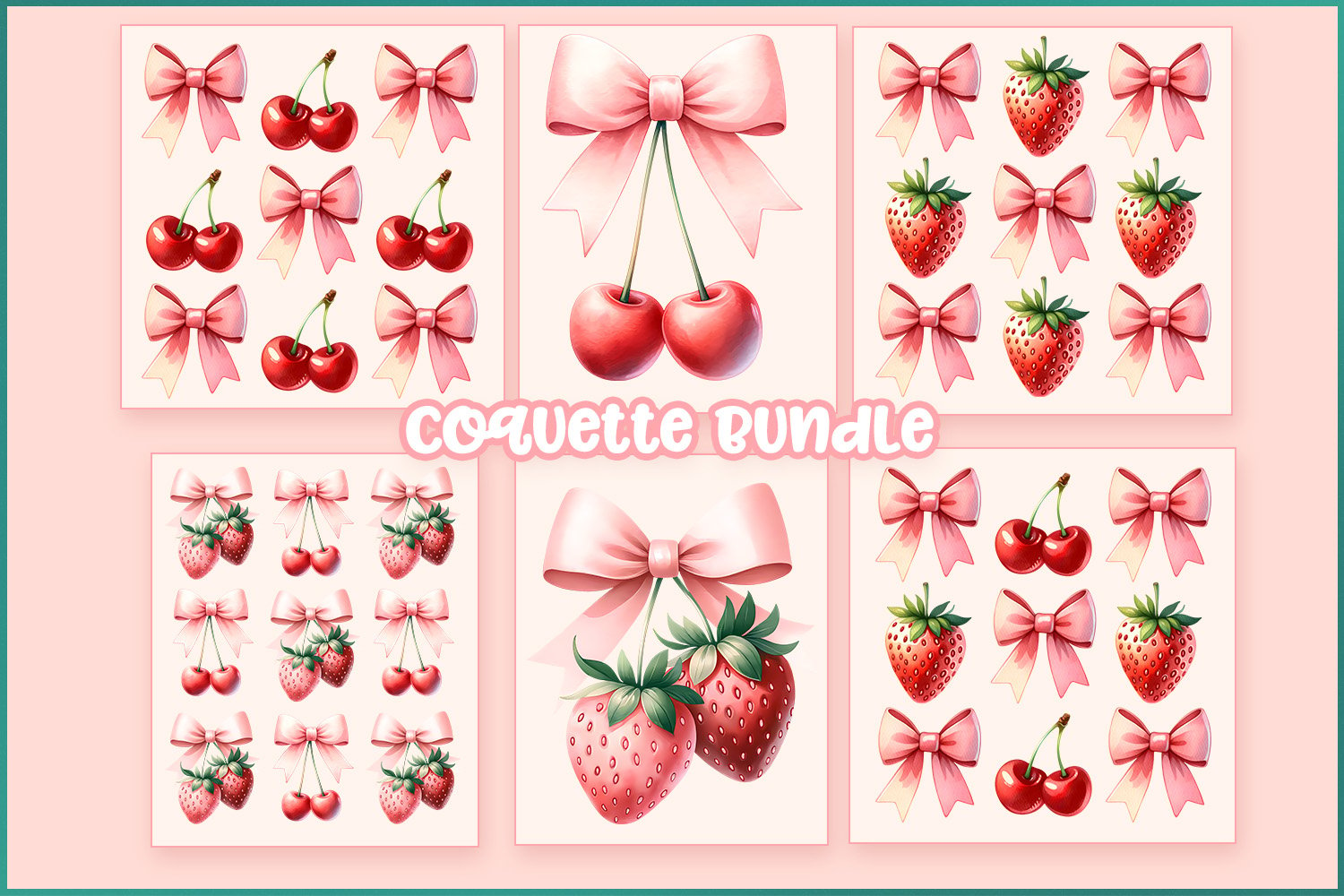 Coquette Mega Bundle Pink Bow & Strawberry PNG Bundle: Cottagecore Aesthetic, Preppy Sublimation