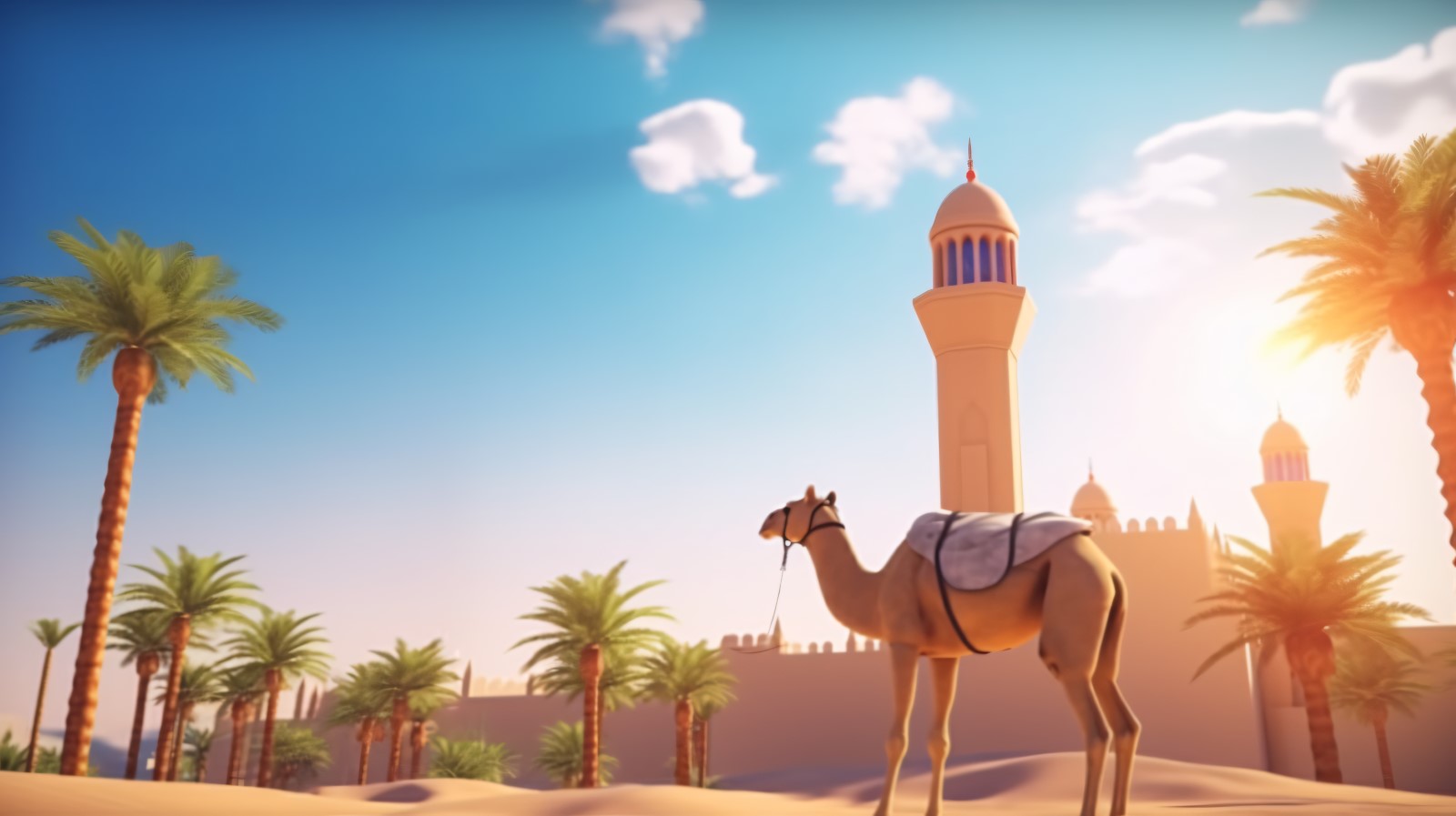 Camel on desert with mosque and palm tree sunny day 01
