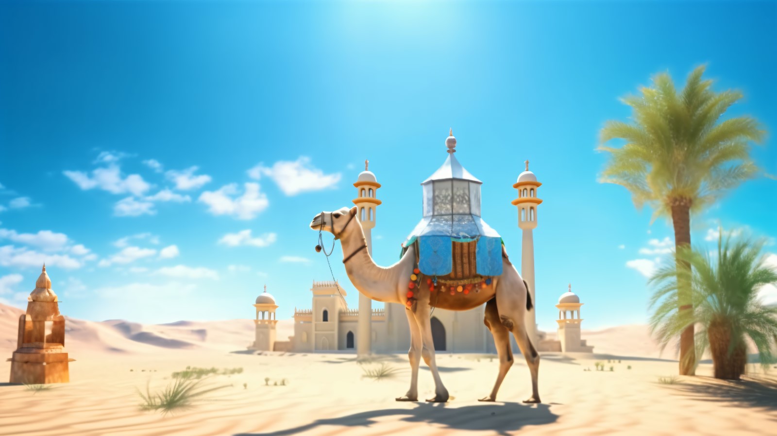 Camel on desert with mosque and palm tree sunny day 02