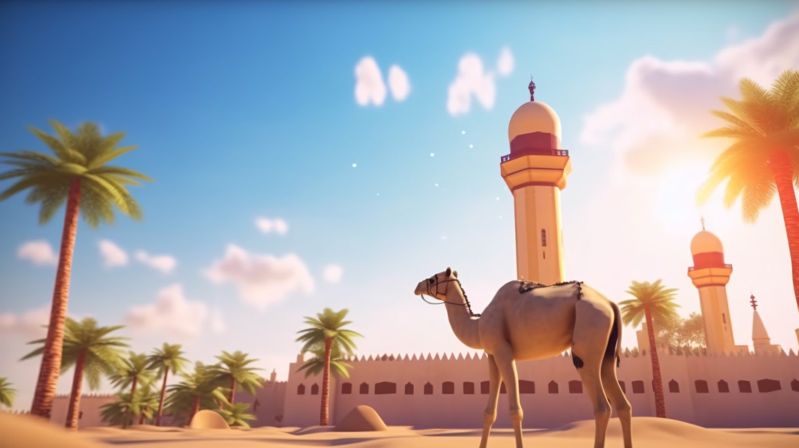 Camel on desert with mosque and palm tree sunny day 05