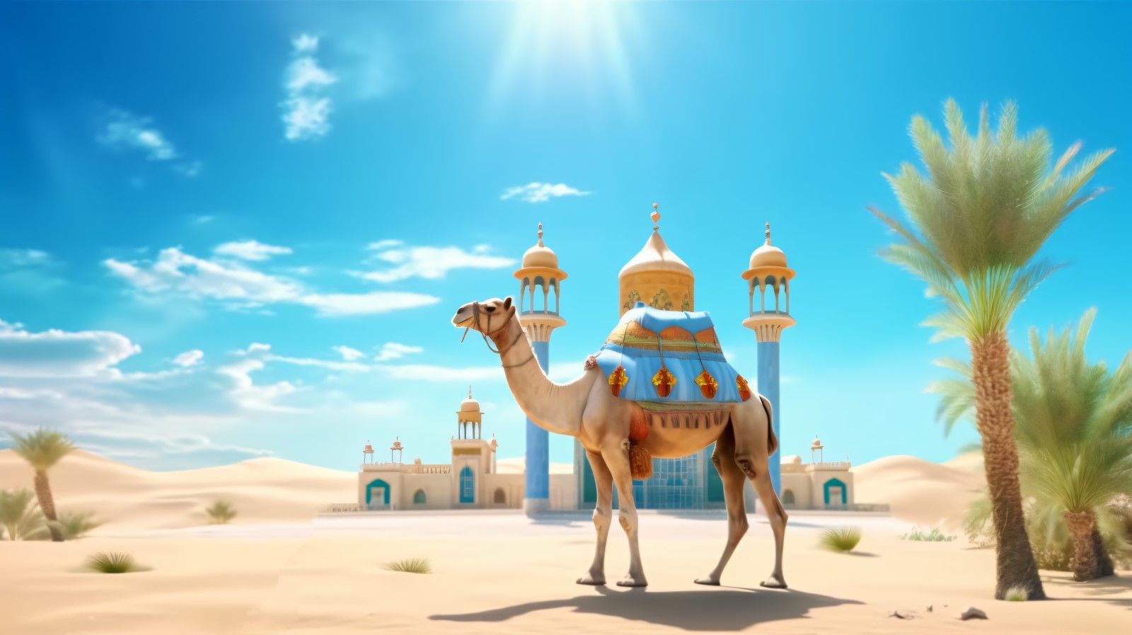 Camel on desert with mosque and palm tree sunny day 08