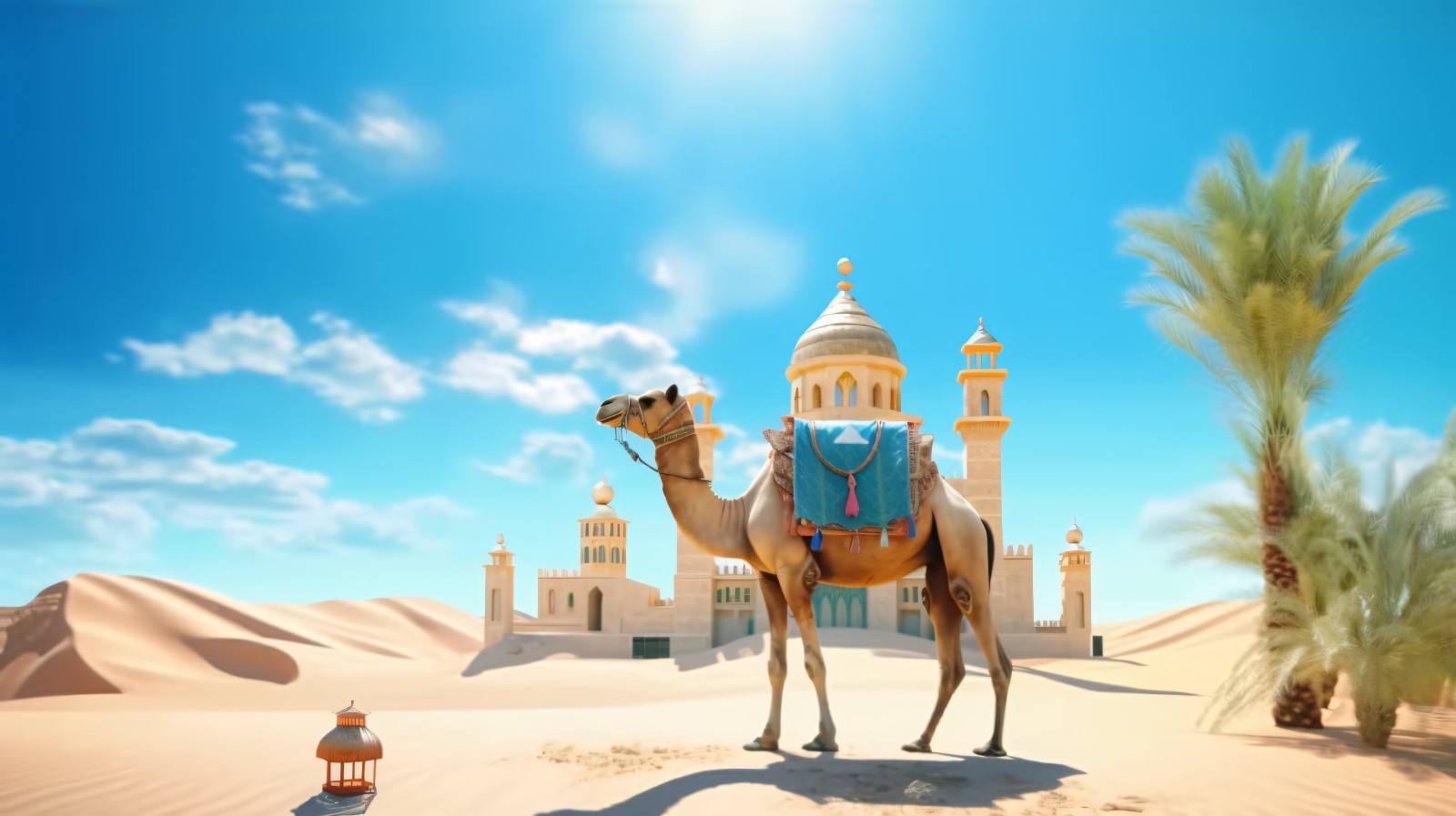 Camel on desert with mosque and palm tree sunny day 09