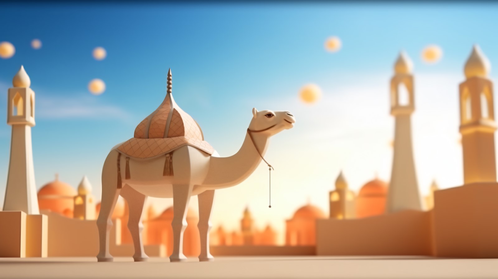 Camel on desert with mosque and palm tree sunny day 14