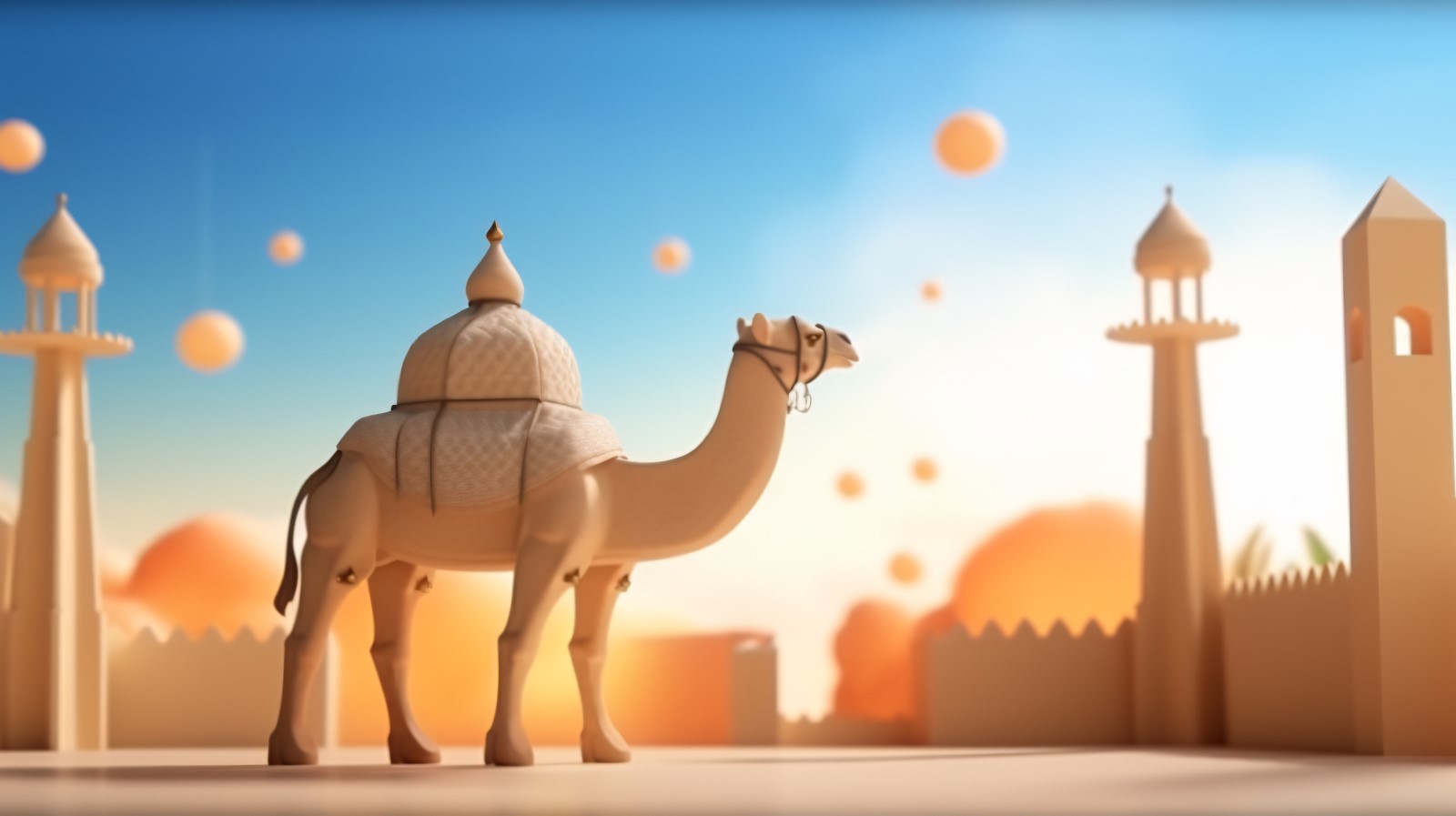 Camel on desert with mosque and palm tree sunny day 16