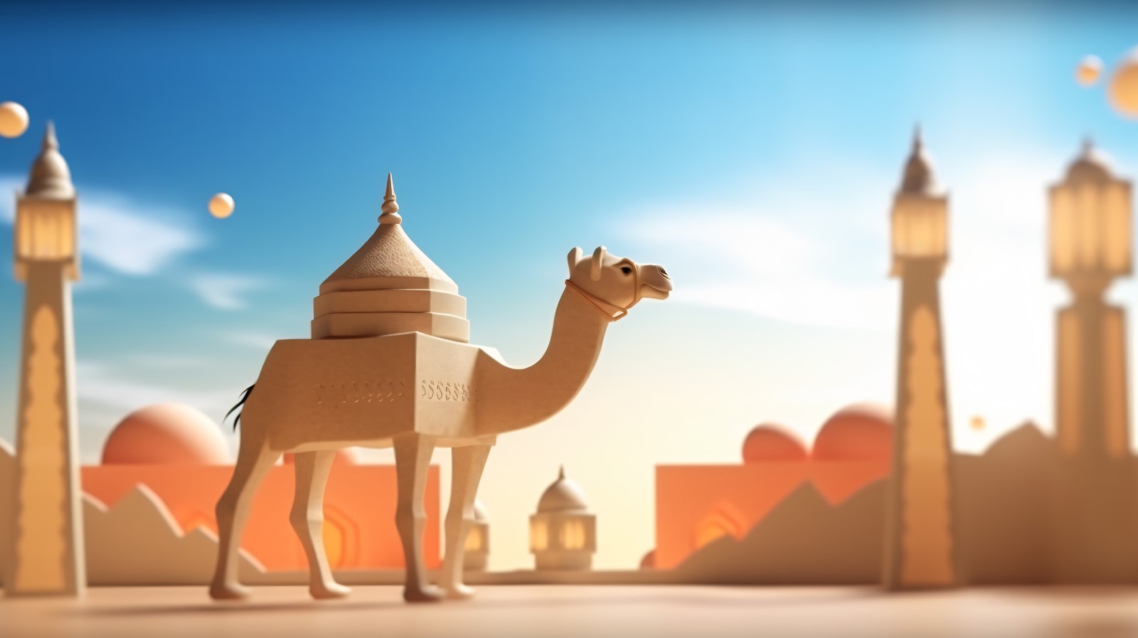 Camel on desert with mosque and palm tree sunny day 15